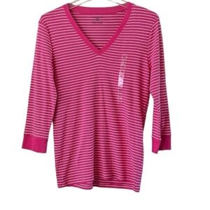 NWOT Jones New York Sport V Neck Pull Over Pink White Stripes Size Medium